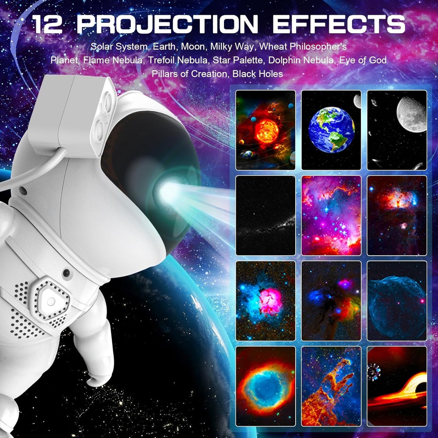 "Rocket Astronaut Galaxy Projector Night Light Lamp And 13 Film Pieces Sky Projector 360° Rotate Planetarium For Kids Bedroom